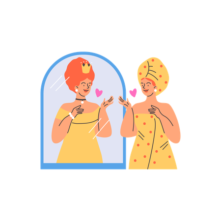 Woman admires herself in mirror and feels like queen  Illustration