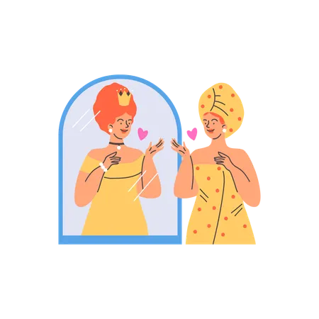 Woman admires herself in mirror and feels like queen  Illustration