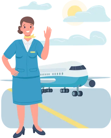 Woman Air Hostess Flat Color Vector Detailed Character Gender Equality At Workplace Cheerful Female Flight Attendant Isolated Cartoon Illustration For Web Graphic Design And Animation Illustration