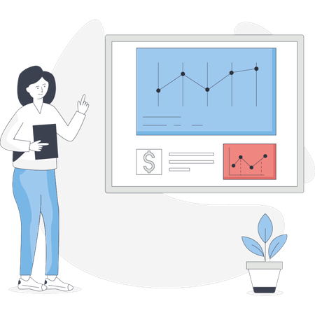 Woman analyses digital report with data  Illustration
