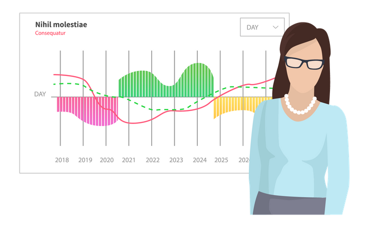 Woman analyses digital report with statistical indicators Illustration