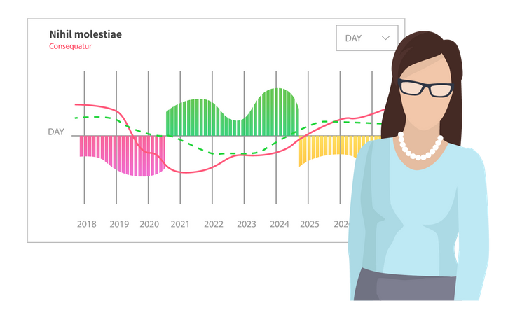 Woman analyses digital report with statistical indicators  Illustration