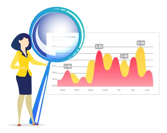 Analytics And Development Statistics Web Analysis Measure Product Testing Technology Woman Analyses Digital Report Statistical Indicators And Data On Diagram Graphic Information Visualization Illustration