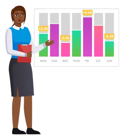 Woman analyses digital report with statistics Illustration