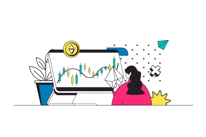 Crypto Investment Outline Web Concept In Modern Flat Line Design Woman Analyzing Graphs And Buying Cryptocurrency Coins Using Risk Financial Strategy With Bitcoins Exchange Vector Illustration Illustration