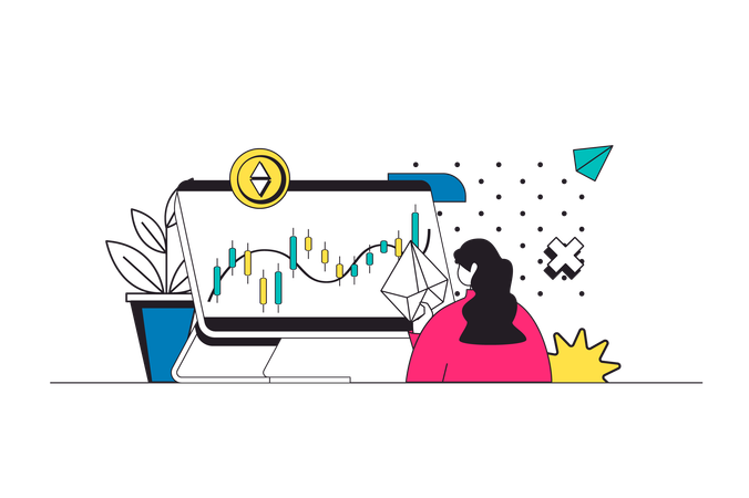 Woman analysing cryptocurrency graph  Illustration