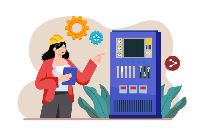 Woman Analysing Machine Controlling System  Illustration