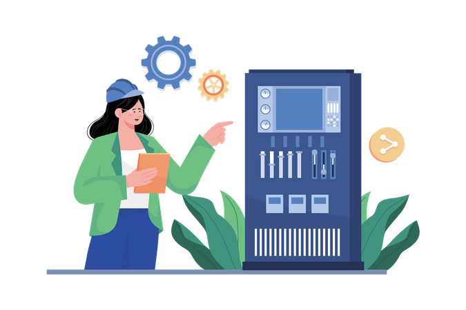 Woman Analysing Machine Controlling System  Illustration