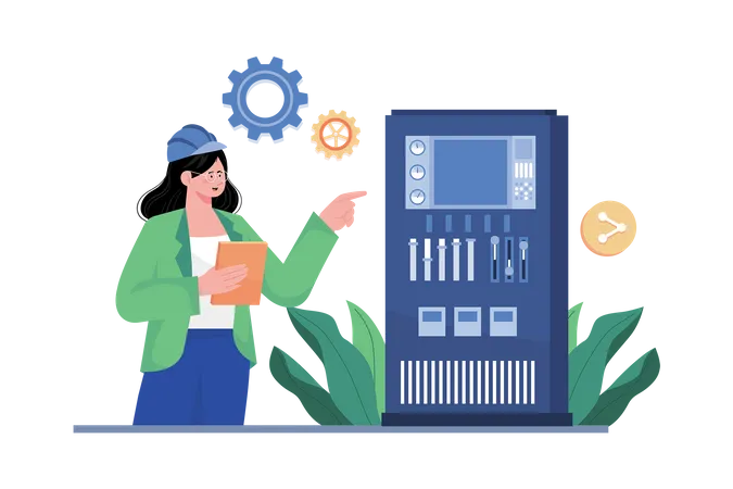 Woman Analysing Machine Controlling System  Illustration