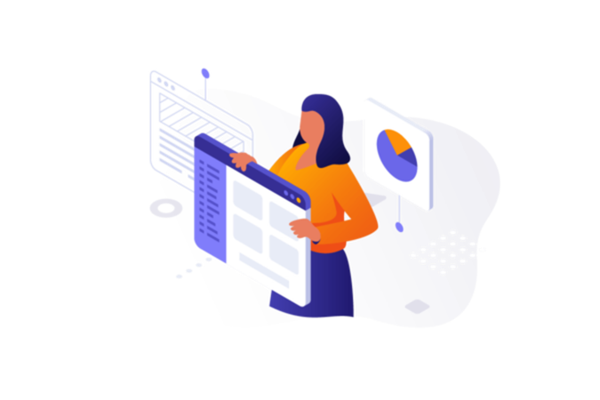 Woman analysing web data on browser window  Illustration