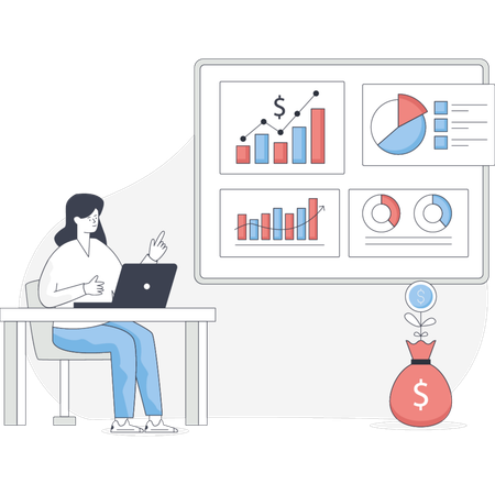 Woman analysis growth through data analytics  Illustration