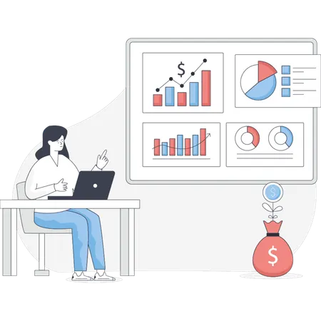 Woman analysis growth through data analytics  Illustration