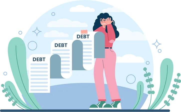 Woman analyzes at debt report  Illustration