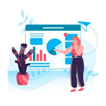 Business Process Concept Woman Analyzes Data Makes Presentation With Report On Financial Statistics Marketing Strategy Character Scene Vector Illustration In Flat Design With People Activities Illustration
