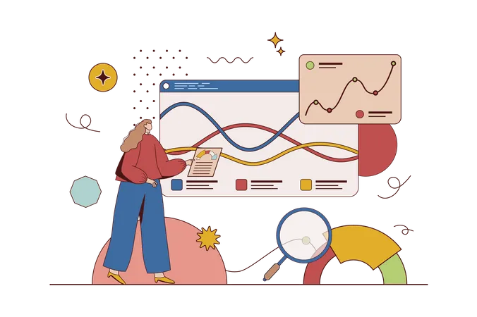 Business Statistic Concept With Character Situation In Flat Design Woman Analyzes Data And Financial Statistics Of Development Of Company Writes Report Vector Illustration With People Scene For Web Illustration