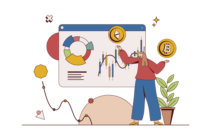 Woman analyzes data from different online exchanges and manages cryptocurrency wallets  Illustration