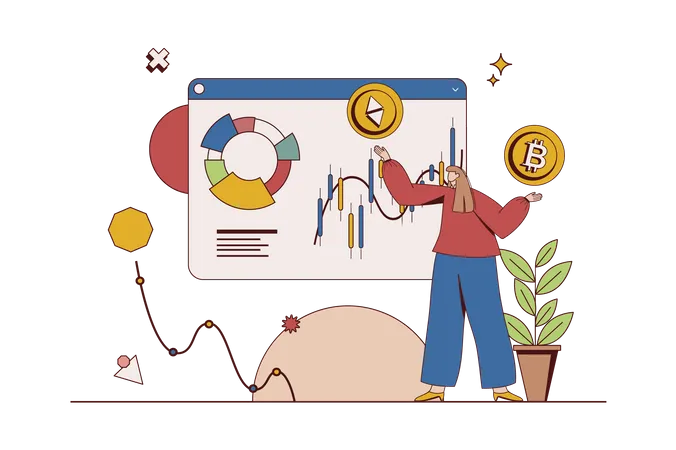 Woman analyzes data from different online exchanges and manages cryptocurrency wallets  Illustration