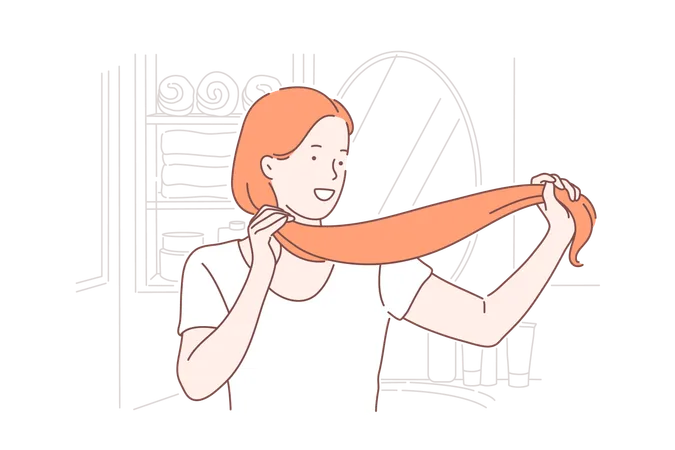 Hair Care Hairdo Beauty Saloon Procedure Concept Hairstyle Healthy Chevelure Cosmetic Products Effect Young Woman Combing Her Hair Taking Care Of Herself Simple Flat Vector Illustration