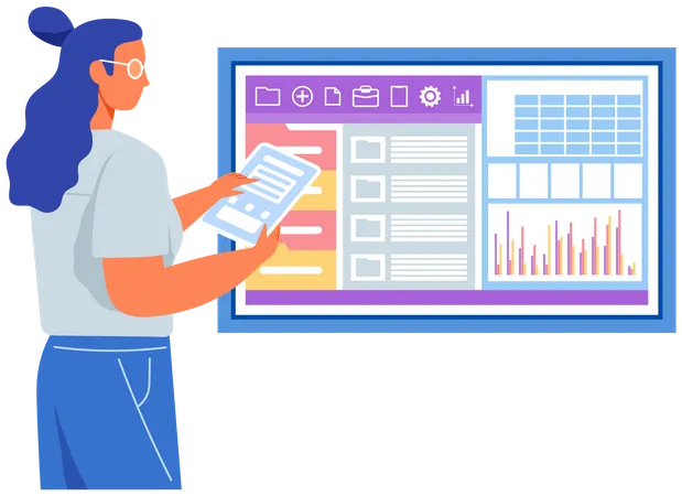 Woman analyzes program for statistical analysis  Illustration