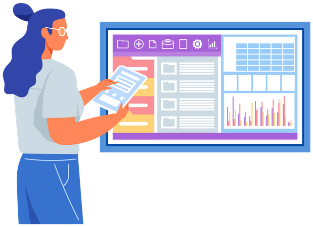 Woman analyzes program for statistical analysis  Illustration