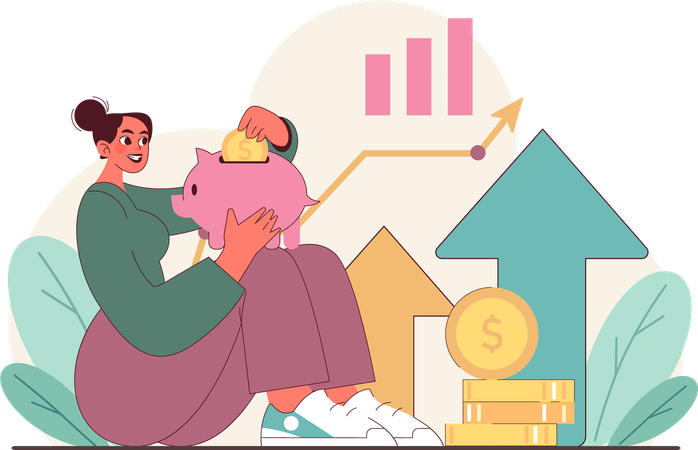 Woman analyzes savings money growth  Illustration