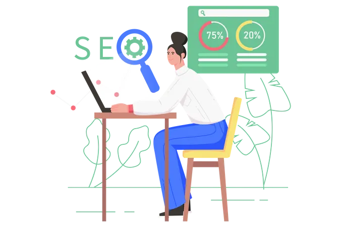 Seo Optimization Service Modern Flat Concept Woman Analyzes Data And Selects Keywords Increases Website Traffic And Brings Them To Top Vector Illustration With People Scene For Web Banner Design Illustration