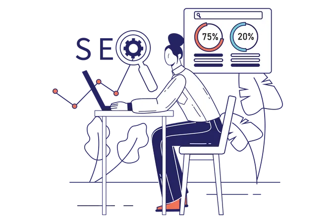 SEO Concept In Flat Line Design For Web Banner Woman Analyzes Search Results And Website Ranking Optimization And Development Modern People Scene Vector Illustration In Outline Graphic Style Illustration