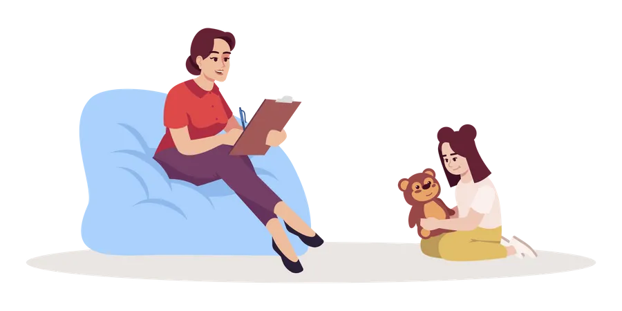 Woman analyzing and writing behavior of small girl  Illustration