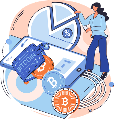 Girl working on bitcoin network technology  Illustration