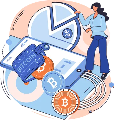 Girl working on bitcoin network technology  Illustration