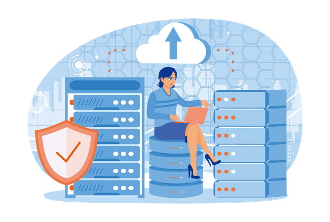 Woman Analyzing Data On Laptop and Store Files In Data Center  Illustration