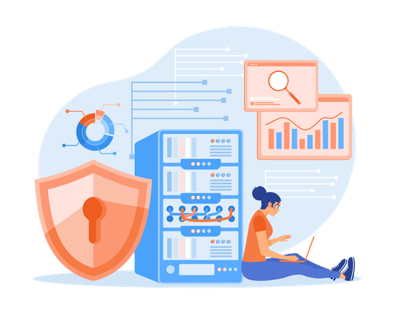 Woman analyzing data on server while Analyze digital information and create reports for optimization Illustration