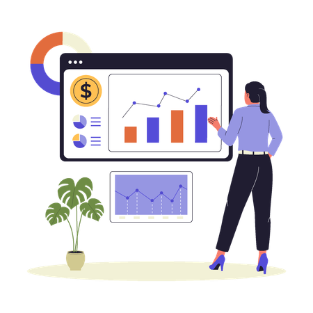 Woman Analyzing Financial Dashboard and Data  Illustration