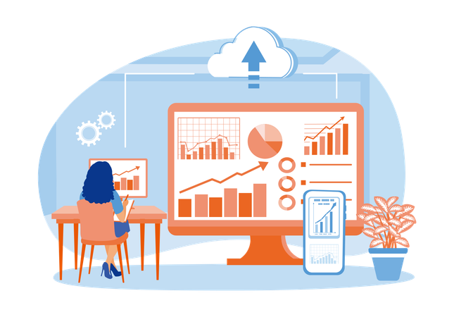 Woman Analyzing Financial Data On Computer while Move Data From Cell Phone To Computer  Illustration