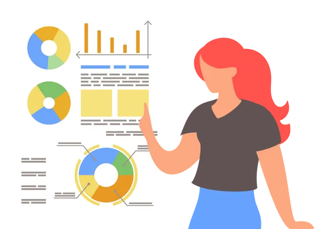 Red Haired Woman Analysing Graphs Diagrams At White Board Cartoon Character Presenting Financial Plan Point At Board Worker Presenting Graphical Analysis Girl Show Analytics Strategy In Graphics Illustration