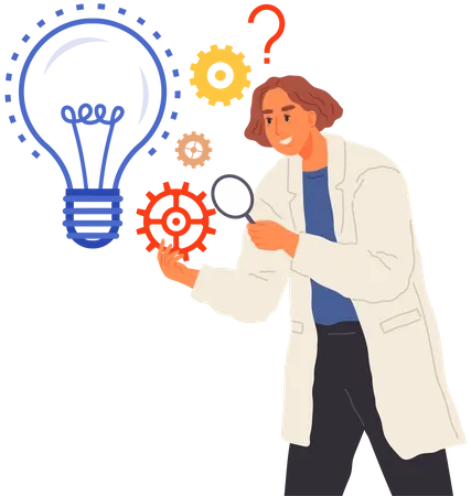 Search For Solutions Strategy Planning Project Creation Woman In Lab Coat Creates Plan Of New Project Lady Working On Innovative Idea Chemist Near Light Bulb And Gears As Symbols Of Invention Illustration