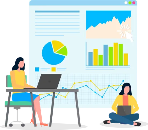 Two Businesswomen Workers Analysing Statistics Financial Analytics Partners Working With Pie Chart Graphic Diagram Schedule Information People Sitting Near Infographics At Website Teamwork Illustration