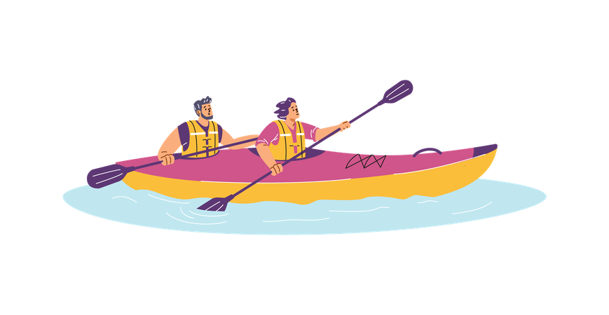 Woman and a man kayaking paddling through the water  Illustration