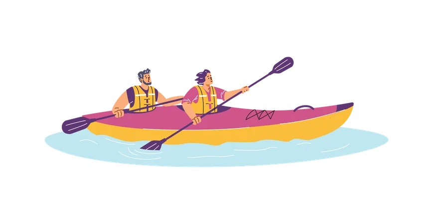 Woman and a man kayaking paddling through the water  Illustration