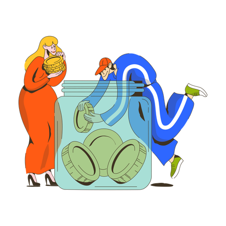 Woman and a man put their accumulated money in a jar  Illustration