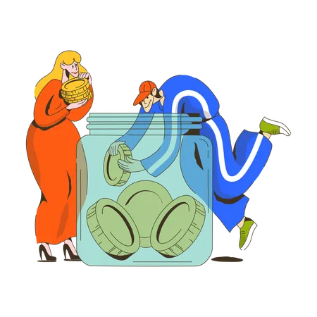 Woman and a man put their accumulated money in a jar  Illustration