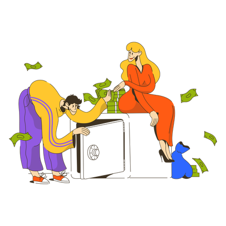 Woman and a woman put money in her safe  Illustration