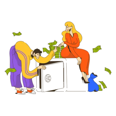 Woman and a woman put money in her safe  Illustration