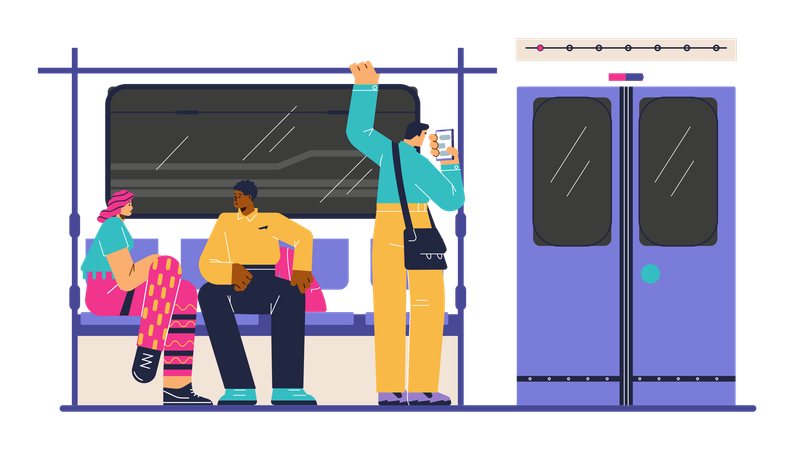 Woman and black man sitting and talking in subway train  Illustration