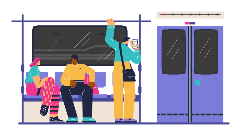 Woman and black man sitting and talking in subway train  Illustration