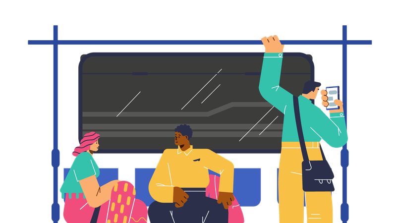Woman and black man sitting and talking in subway train  Illustration