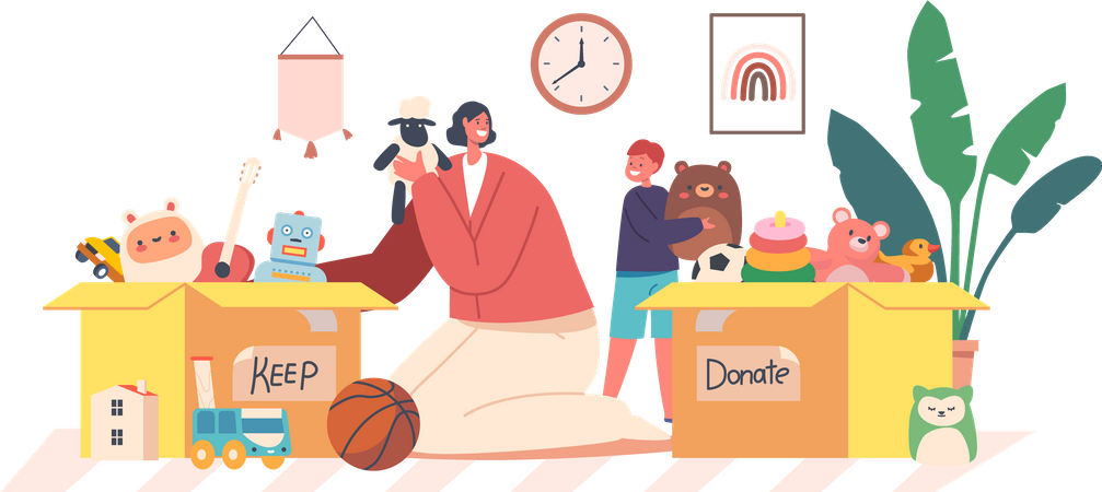 Woman and Boy Orphan Take Toys from Donation Box Illustration