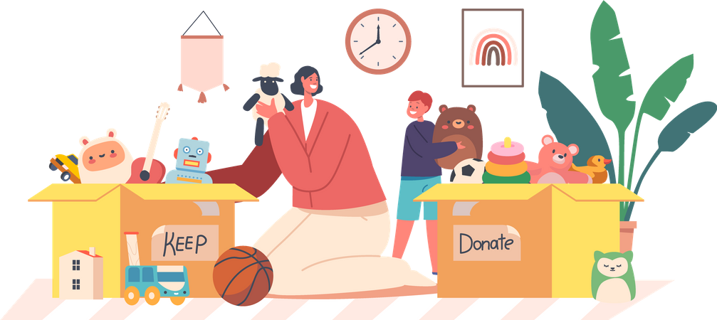 Woman and Boy Orphan Take Toys from Donation Box  Illustration