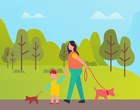 Woman And Boy Walking With Pet In Green Spring Forest Vector Mother And Son With Dogs On Leash Among Trees And Bushes People With Animals Outdoors Illustration