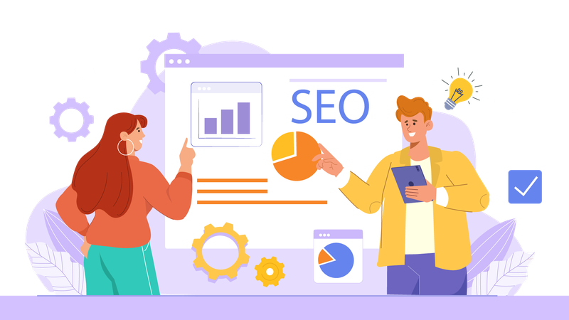 Woman and businessman working on seo analysis while getting seo idea  Illustration